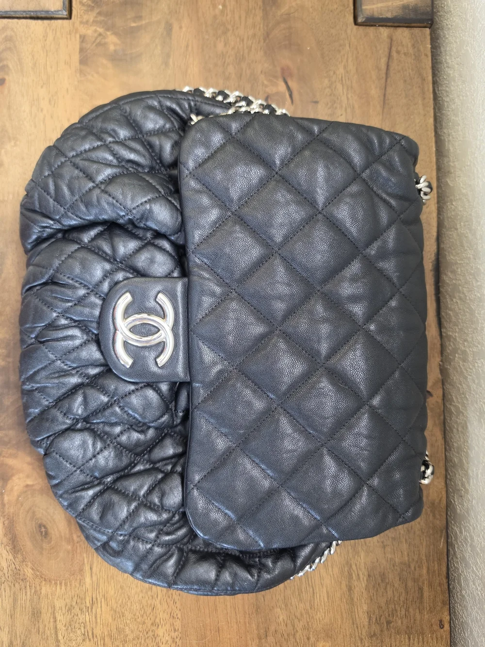 Chanel Black Puffy Quilted Lambskin Leather Chain Flap Bag